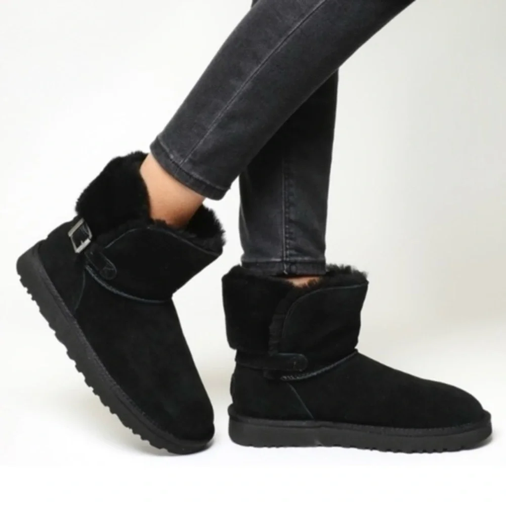 UGG Karel Black Suede Shearling Slip-on Split Shaft Belted Short Winter Boots 11